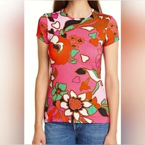 Ted Baker London Bevylin Floral Print Top Pink Retro Stretch Tee Size 4
